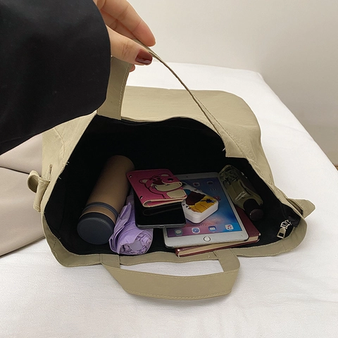 Women Large Capacity Tote Bag Nylon Textured Shoulder Handbag Commuting Travel Casual Crossbody Bag Solid Color