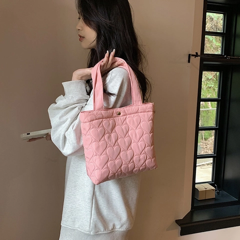 Heart Quilted Tote Bag Oxford Cloth Large Capacity Puffer Shoulder Handbag Solid Color Chic Daily Casual For Women