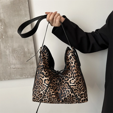 Sac À Bandoulière Hobo En Cuir PU Imprimé Léopard Grande Capacité Femmes Style Vintage Avec Décoration Noeud