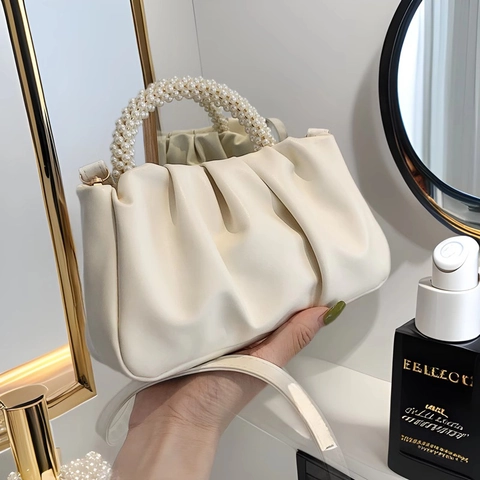 Bolso Nube Plisado De Cuero PU Bolso De Hombro Cruzado Con Asa De Perlas Artificiales Para Mujer Elegante Color Sólido