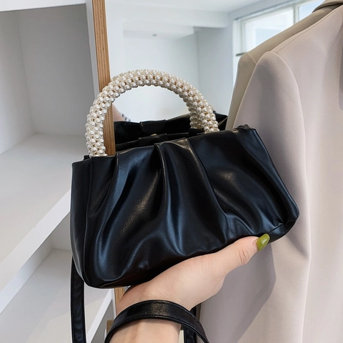Bolso Nube Plisado De Cuero PU Bolso De Hombro Cruzado Con Asa De Perlas Artificiales Para Mujer Elegante Color Sólido