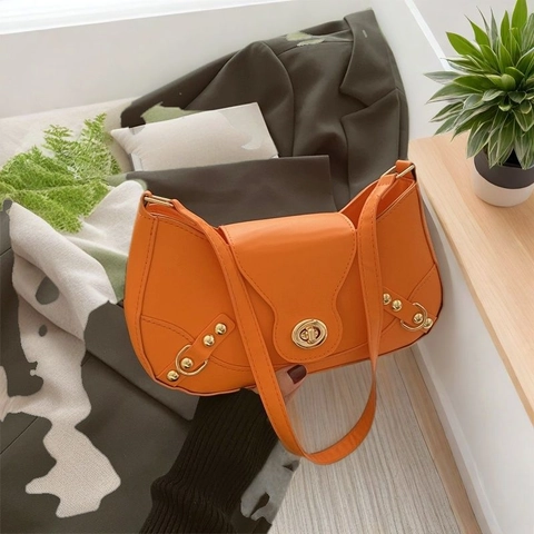 Women PU Leather Underarm Shoulder Bag Retro Half Moon Baguette Bag With Gold Rivets And Metal Turn Lock Motorcycle Style
