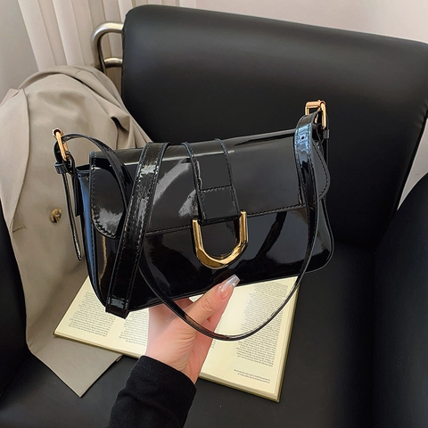 Borsa A Spalla In Vernice Da Donna Retro PU Lucido Borsa Sottobraccio Con Fibbia A Ferro Di Cavallo Dorata