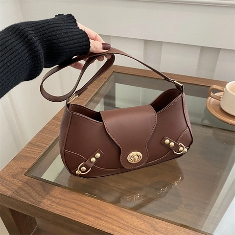 Women PU Leather Underarm Shoulder Bag Retro Half Moon Baguette Bag With Gold Rivets And Metal Turn Lock Motorcycle Style