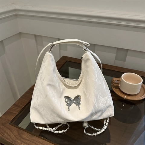 Women Shoulder Bag PU Leather Pleated Wrinkled Texture With Metal Butterfly Decor Chain Strap Hobo Crossbody Casual