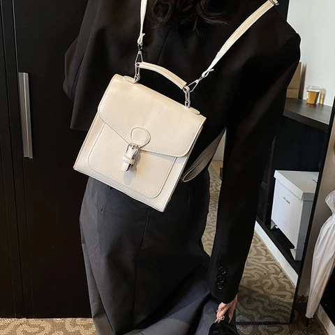 Vintage Women PU Leather Small Square Backpack Fashion Commute Handbag With Bell Pendant Preppy Style School Bag