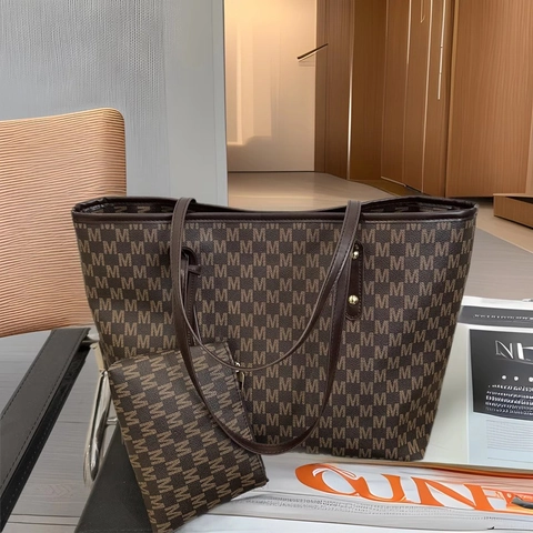 Monogram M Print Grote Capaciteit Tote Bag En Tasje Synthetisch Leer Urban Eenvoudige Dames Handtas Schoudertas