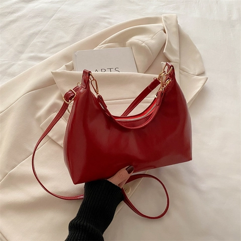 Borsa A Spalla Hobo Donna Pelle PU Lucida Mezzaluna Borsa A Tracolla Cinghia Regolabile Hardware Dorato Retro Casual