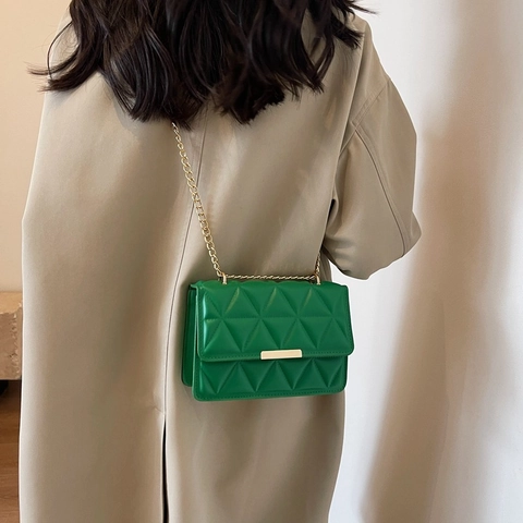 Quilted PU Leather Crossbody Bag Triangular Geometric Pattern Gold Chain Strap Small Square Shoulder Bag Fashion Purse