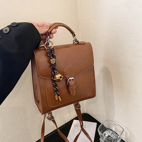 Vintage PU Leather Small Square Backpack For Women Stylish Flip Cover Handbag With Adjustable Strap Daily Casual School Bag