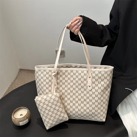 Sac Fourre-Tout Vintage Grande Capacité Avec Pochette Imprimé Monogramme M Cuir PU Sac à Épaule Main Chic Femme