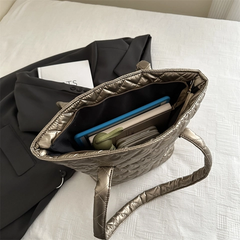 Borsa Tote Trapuntata A Rombi Da Donna Grande Capacità Puffer Lucentezza Metallica Borsa A Spalla Moda Casual