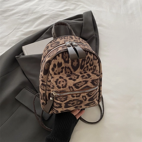 Mini Mochila De Moda Con Estampado De Leopardo De Gamuza Sintética Bolso De Viaje Pequeño Con Bolsillo Delantero Para Mujer Informal