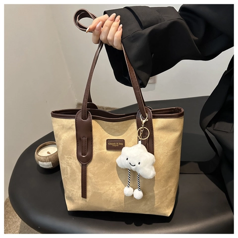 Bolso Tote Vintage de Gran Capacidad para Mujer Moda Cuero PU Lona Color en Contraste Bolso de Hombro Diario Oficina