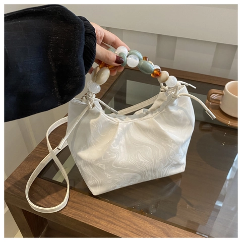 Women Marble Pattern Bucket Bag With Colorful Beaded Handle PU Leather Ruched Shoulder Bag Crossbody Handbag For Daily Party