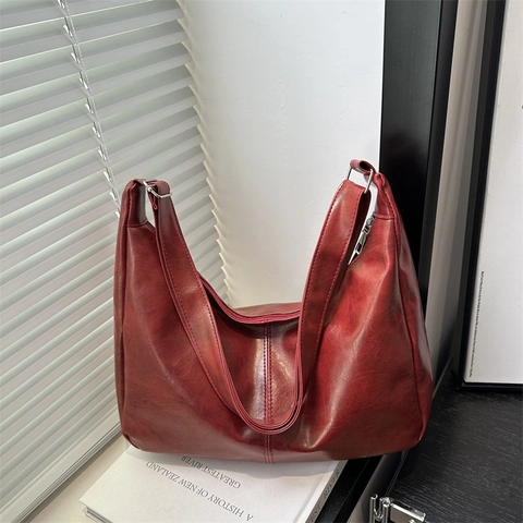 Women Vintage Hobo Bag Large Capacity Glossy PU Leather Shoulder Bag Retro Half Moon Underarm Bag Commuter Handbag
