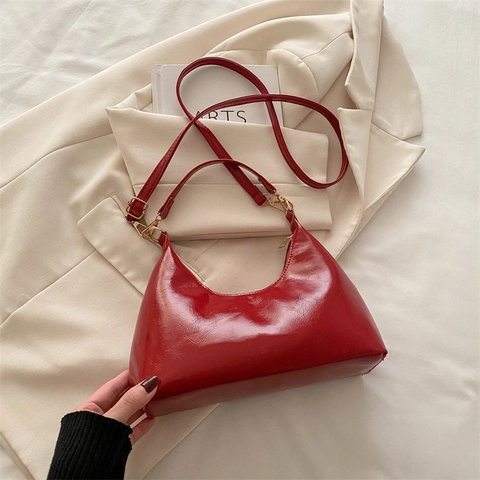 Borsa A Spalla Hobo Donna Pelle PU Lucida Mezzaluna Borsa A Tracolla Cinghia Regolabile Hardware Dorato Retro Casual
