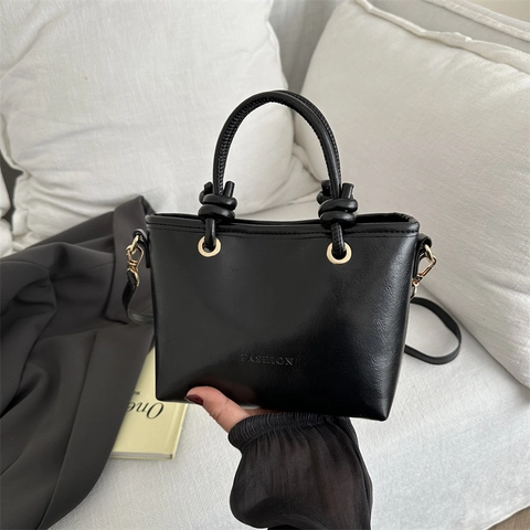 Women's Retro PU Leather Bucket Bag Minimalist Fashion Embossed Handbag With Knotted Handle Shoulder Crossbody Bag