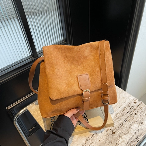 Vintage Frosted PU Leather Crossbody Bag For Women Retro Flap Shoulder Bag With Decorative Buckle Strap