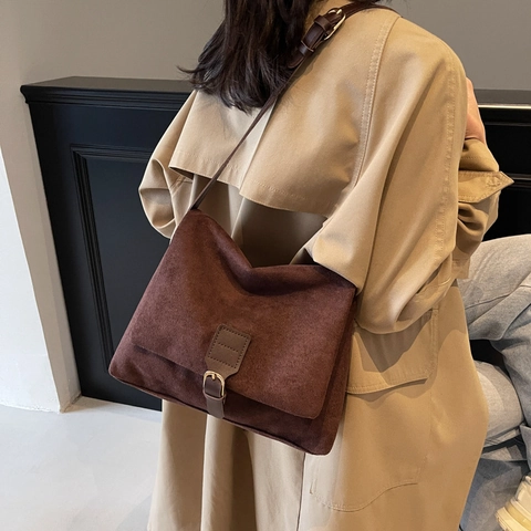 Vintage Frosted PU Leather Crossbody Bag For Women Retro Flap Shoulder Bag With Decorative Buckle Strap
