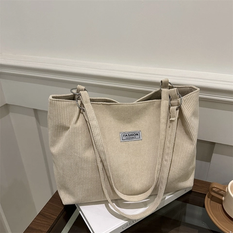 Women Corduroy Tote Bag Large Capacity Striped Shoulder Bag With Metal Ring Letter Label For Daily Shopping Commuting Travel
