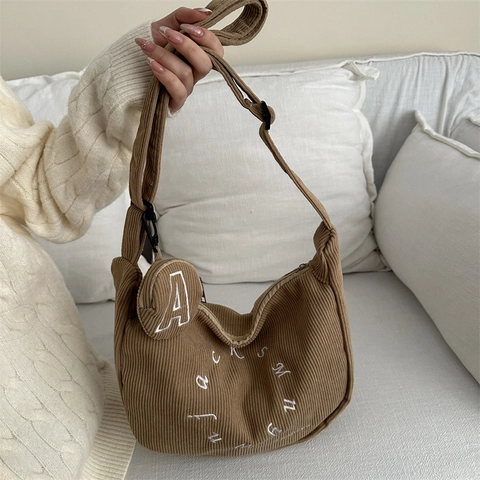 Women Corduroy Crescent Crossbody Bag Letter Embroidery Large Capacity Hobo Bag With Round Coin Purse Casual Shoulder Tote Bag