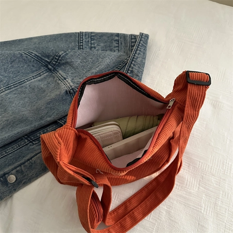 Women Corduroy Crescent Crossbody Bag Letter Embroidery Large Capacity Hobo Bag With Round Coin Purse Casual Shoulder Tote Bag