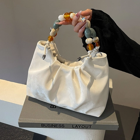 Marmortextur Eimer Tasche Damen Bunte Perlen Griff Plissee PU Leder Umhängetasche Nische Schultertasche