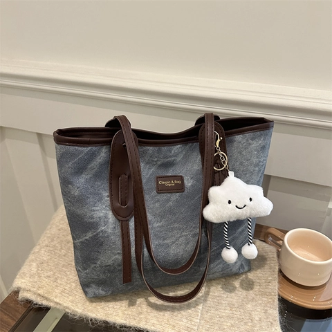 Borsa Tote Da Donna Grande Capacità Tela Lavata Texture Marmo Retrò Borsa A Spalla Per Pendolari Con Ciondolo Nuvola Peluche