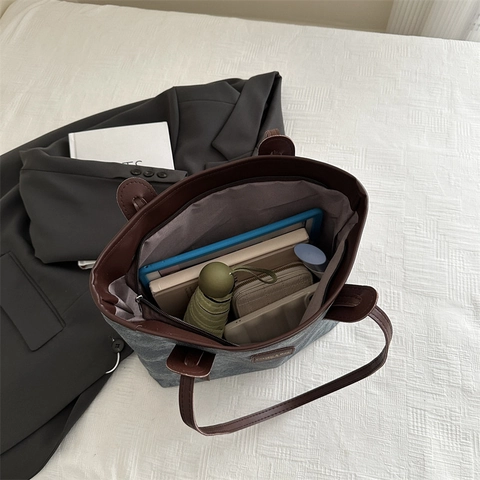 Borsa Tote Da Donna Grande Capacità Tela Lavata Texture Marmo Retrò Borsa A Spalla Per Pendolari Con Ciondolo Nuvola Peluche