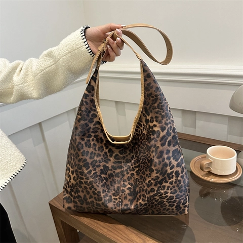 Luipaardprint Hobo Schoudertas Met Verstelbare Riem Vintage Kunstleer Trendy Draagtas Voor Dames