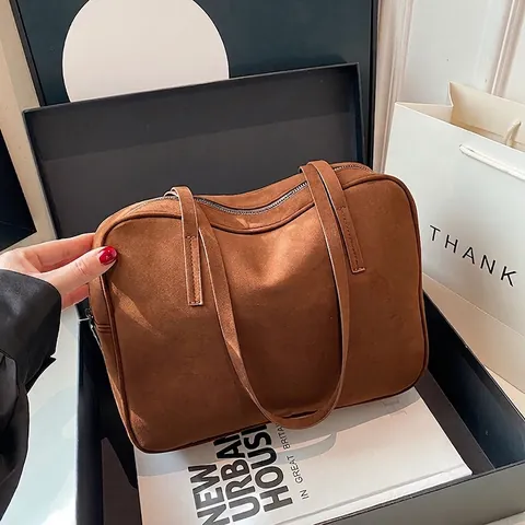 Large Capacity Suede Texture Corduroy Shoulder Bag For Women Minimalist Commuter Tote With Zipper Closure