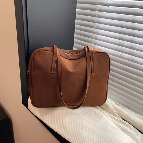 Large Capacity Suede Texture Corduroy Shoulder Bag For Women Minimalist Commuter Tote With Zipper Closure
