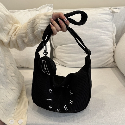Women Corduroy Crossbody Bag With Mini Round Coin Purse Embroidery Letter Large Capacity Hobo Shoulder Bag Casual Satchel Bag