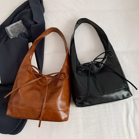 Borsa A Spalla Da Donna In Pelle PU Grande Capacità Decorazione Fiocco Hobo Tote Casual Pendolare
