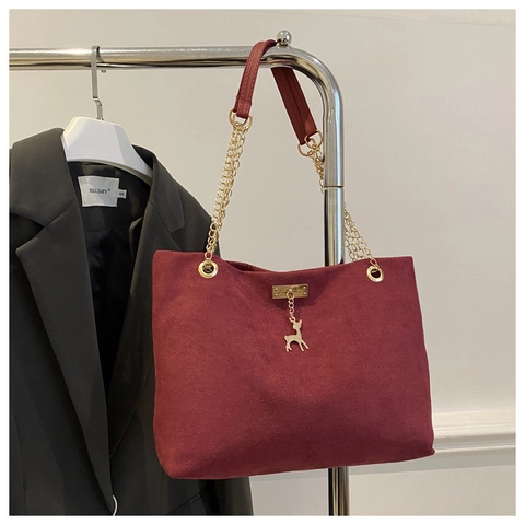 Borsa Tote In Camoscio Retrò Donna Grande Capacità Borsa A Spalla Commuter Con Catena E Ciondolo A Cervo Dorato