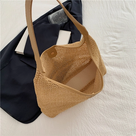 Straw Woven Shoulder Bag Large Capacity Summer Beach Hobo Tote Retro Handbag With PU Leather Trim
