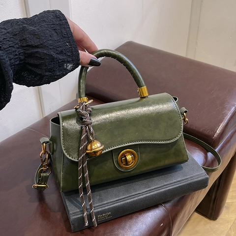 Vintage PU Leather Crossbody Bag For Women Retro Small Square Top Handle Handbag With Metal Lock Commuter Style