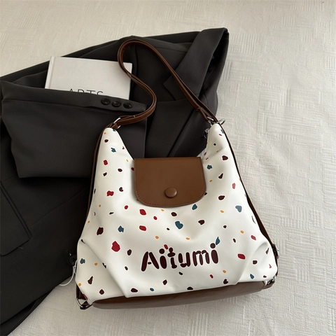 Damen Mode Polka Dot Tote Bag Vintage Große Kapazität PU Leder Schultertasche Urban Casual Reise Pendler Handtasche Weiß Braun