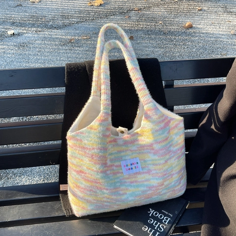 Borsa Tote In Peluche A Righe Arcobaleno Grande Capacità Borsa A Tracolla Casual Da Donna