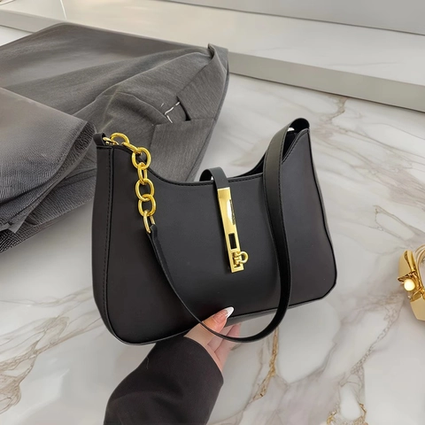 Sac Sous L'aisselle Style Français Femme En Simili Cuir Hobo Bag Avec Chaîne Dorée Et Fermoir Métallique Vertical Sac À Épaule