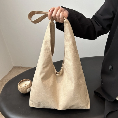 Minimalist Large Capacity Hobo Bag For Women Suede Texture Matte Tote Bag Retro Casual Commuter Shoulder Bag Solid Color