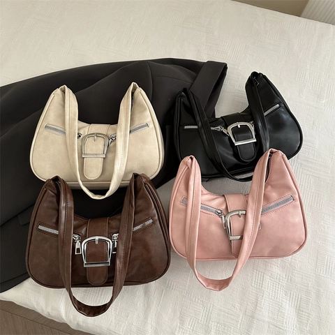 Women Hobo Unterarmtasche Vintage PU Leder Mit Großer Silberschnalle Und Doppelreißverschluss Dekor Urbaner Minimalistischer Stil