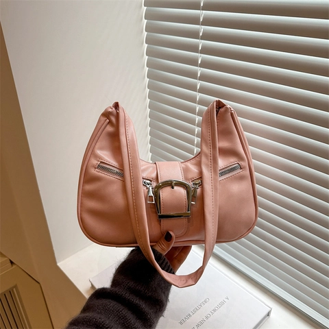 Women Hobo Unterarmtasche Vintage PU Leder Mit Großer Silberschnalle Und Doppelreißverschluss Dekor Urbaner Minimalistischer Stil