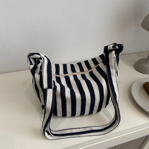 Gestreifte Segeltuch Umhängetasche Damen Verstellbarer Riemen Große Kapazität Hobo Tasche Japanischer Stil Reise Handtasche