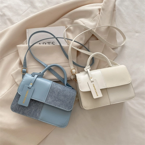 Borsa Tracolla Patchwork Donna Pelle Sintetica Giunzione Tessuto Borsa Mano Manico Superiore Retro Minimalista Moda Quadrata