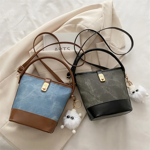 Retro Eimer Tasche PU Leder Denim Patchwork Umhängetasche Schultertasche Nische Minimalistisches Design Für Damen