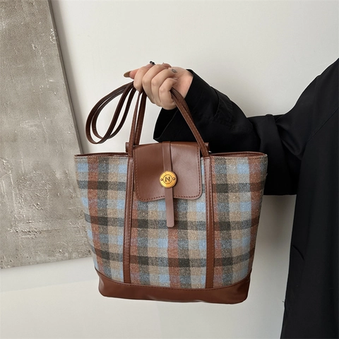 Vintage Plaid Tweed Tote Bag For Women Retro British Style Large Capacity Shoulder Handbag With PU Leather Trim Casual