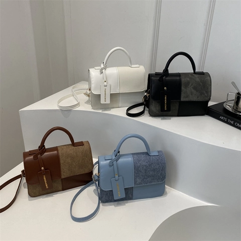 Bolso Bandolera Mujer Pequeño Cuadrado Cuero PU Empalme Color Contraste Asa Superior Retro Moda Bolso De Mano Para Uso Diario