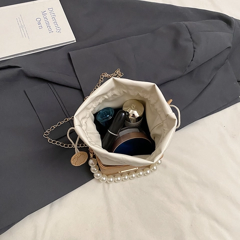 Damen Eimer Tasche PU Leder Elegant Spitze Mit Künstliche Perlengriff Kordelzug Umhängetasche Mode Handtasche